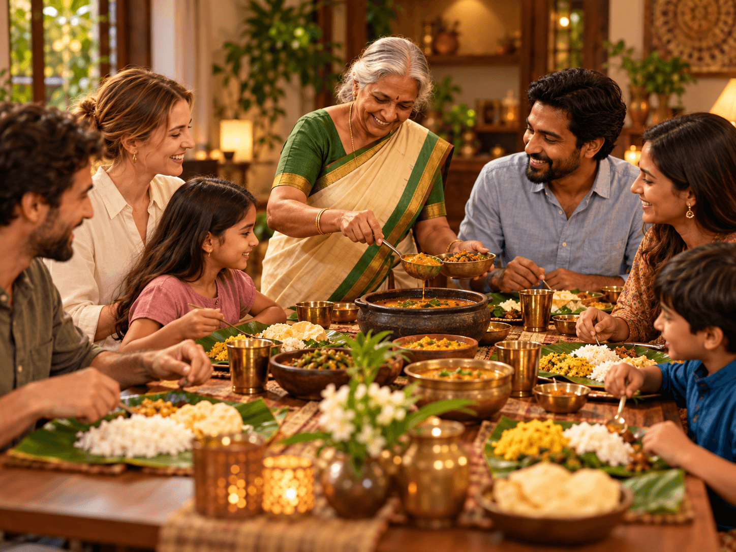 Illustration einer Familie am Tisch mit Gerichten aus Kerala
