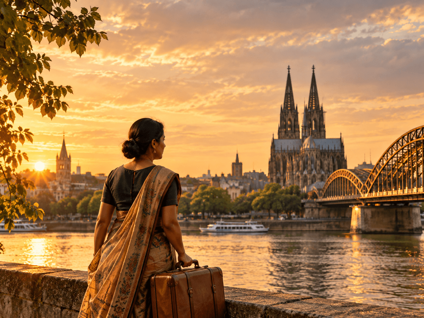 Illustrative Ankunftsszene einer Frau mit Koffer und Blick auf den Kölner Dom