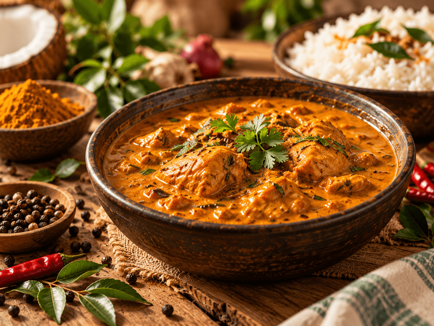 Hähnchencurry mit Reis und Gewürzen